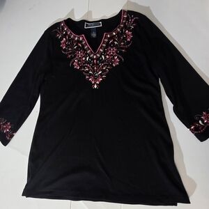 Karen Scott Women Floral Embroidered 3/4 Sleeve Henley T-Shirt Multicolor Medium